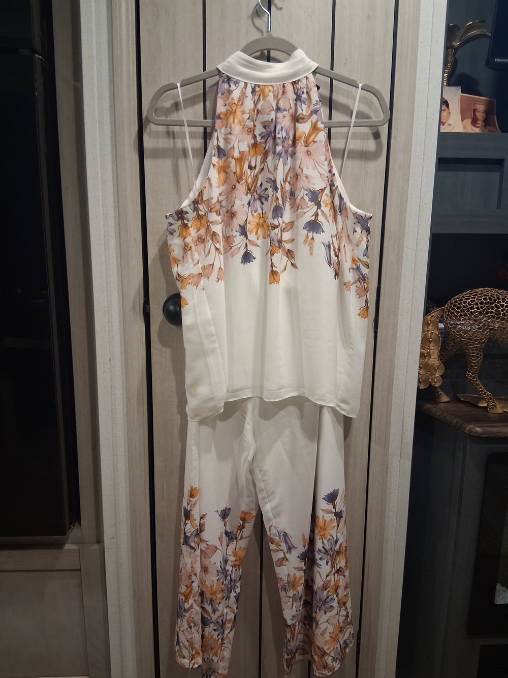 MSK Ivory Halter Floral Jumpsuit with Orange & Lavender Accents